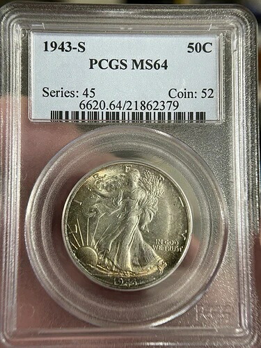 1943-S リバティウォーキング ハーフダラー PCGS MS64 トーニング - 51059