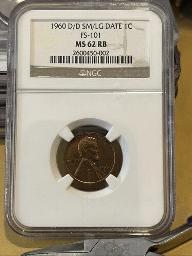 1960 D/D 1C リンカーンセントエラーコイン NGC DDO FS-101 Sm/Lg 日付 (FS-025.5) MS62RB-