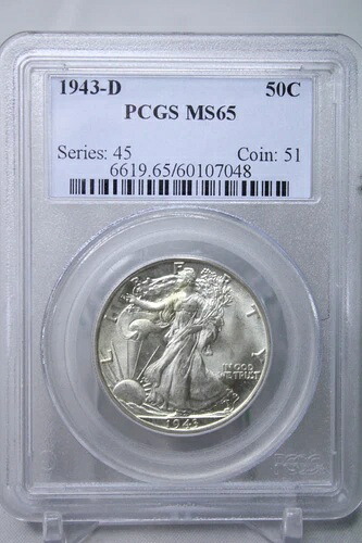 1943年-D ウォーキング・リバティ・ハーフダラー 50セント PCGS MS65 #7048