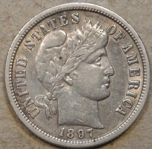 1897-S バーバーダイム 10セント XF 写真 L2 のようにクリーニング済み