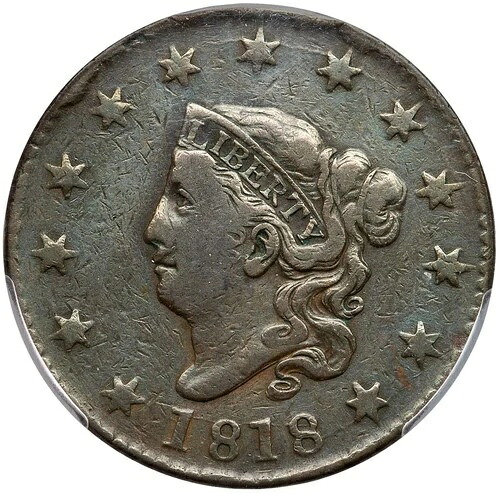 1818 N-8 R-3 PCGS F 詳細 マトロンまたはコロネットヘッド ラージセントコイン 1セント