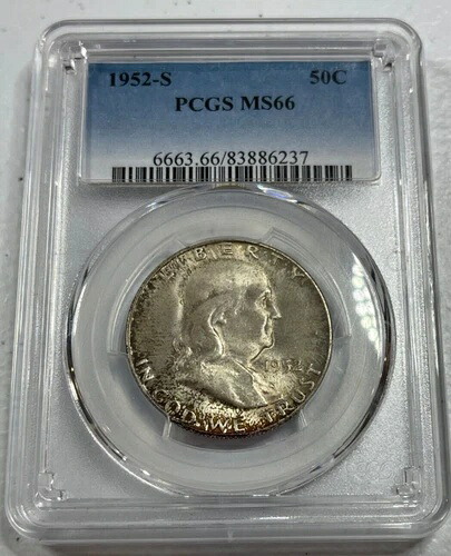 1952年-S フランクリン US 1/2 ドル、MS66 by PCGS、見栄えの良いコイン !!- 96,800円