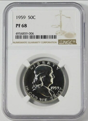 1959年 アメリカ造幣局 シルバー90％ プルーフフランクリン 50c NGC認定PF68！送料無料！-