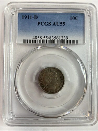 1911-D バーバー ダイム 10 セント PCGS 認定 AU55 - オリジナルの美しい外観!!!