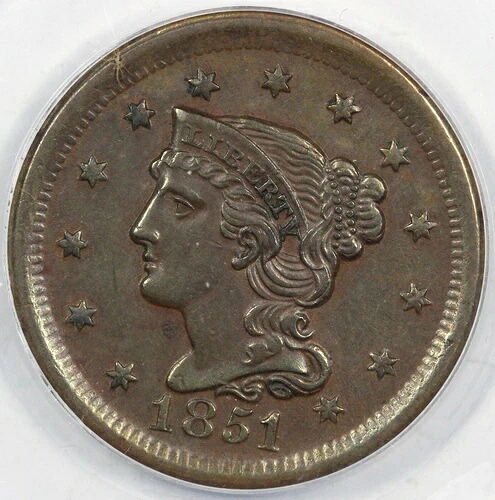 1851年 1C N-3 編組ヘア ラージセント ANACS AU 50 ディテールクリーン-