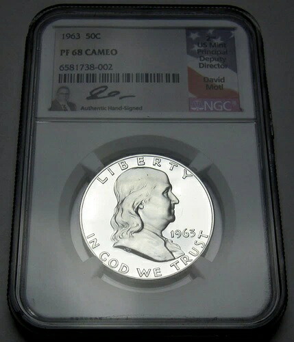 1963年 フランクリン 90% シルバー ハーフダラー NGC プルーフ PF 68 カメオ デビッド・モトルのサイン入り