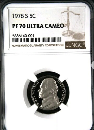 1978 S ジェファーソン ニッケル 5C PF70 ウルトラカメオ NGC Bx001-