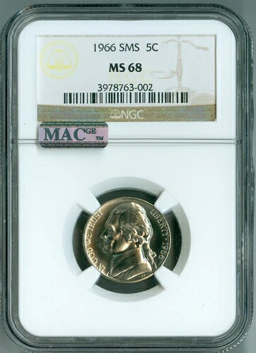 1966年 SMS MS68 NGC MAC PQ ジェファーソン ニッケル 5セント、2ndトップレジストリ、希少、スポットレス