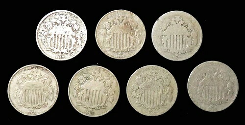 (7) 1867年 - 1869年 アメリカ合衆国 シールドニッケル 5セント 流通コイン 7枚セット
