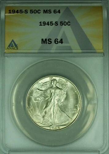 1945-S ウォーキング・リバティ・シルバー・ハーフドル 50セント ANACS MS-64 (44)
