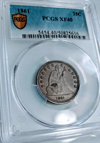 1861年製 自由の女神像 .25C PCGS XF40 /金の盾保証付き。プルーフのような外観。