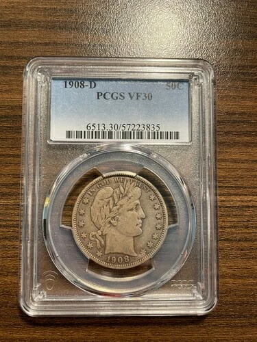 1908-D バーバー シルバー ハーフダラー 50セント PCGS VERY FINE 30 VF 30 VF30