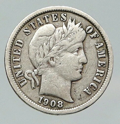 1908年 P アメリカ合衆国 シルバー リバティ バーバー ヴィンテージ アンティーク ダイムコイン i92088｜WORLD RESOURCE【QUEEN店】
