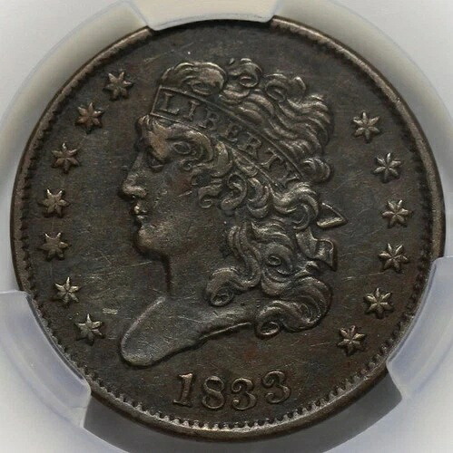 1833年 クラシックヘッドハーフセント - CAC AU 詳細クリーニング済み - 米国1セント/2セント銅貨 51,480円