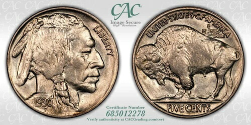 1930年製 バッファローニッケル CACG MS-64 CAC