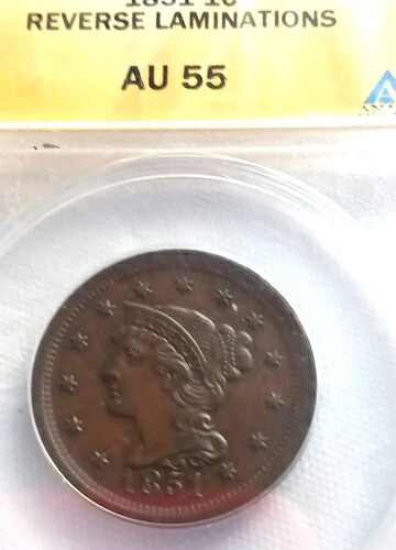 1851年 アメリカ製 編み込みヘア ラージセント AU55 リバースラミネート ミント発行
