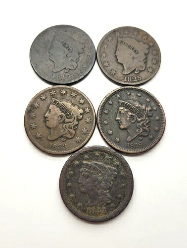 1817年、1825年、1833年、1838年、1843年の大型セント
