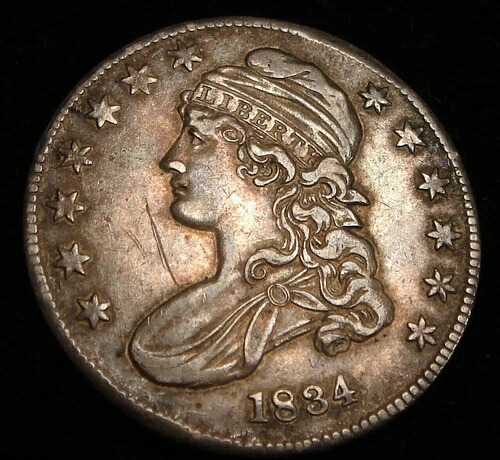 1834年 キャップドバスト ハーフドル 50セント銀貨 AU 詳細 - 表面傷あり