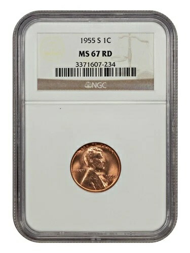 1955-S 1C NGC MS67RD - リンカーン・セント（小麦裏面）
