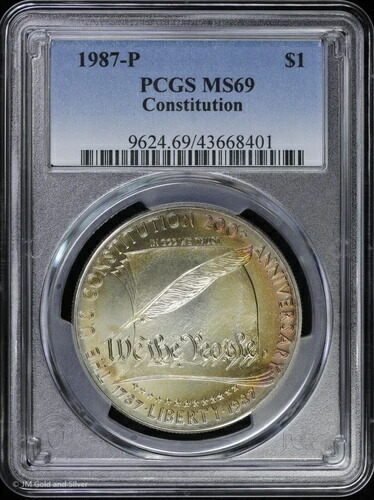 1987-P 1ドル 憲法200周年記念 銀貨 PCGS MS 69 | トーニング