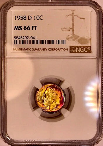 1958-D ルーズベルト銀貨 NGC 66フィート 美しいピンクブルーゴールド レインボートーン