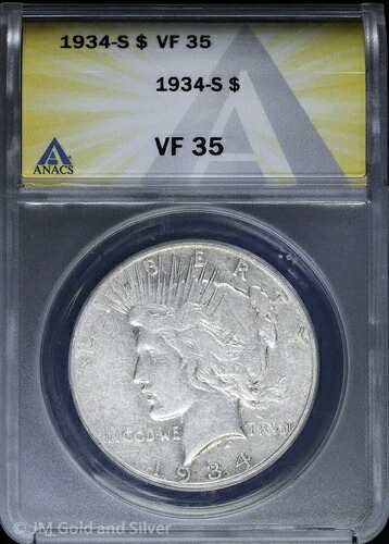 1934-S 1ドル平和銀貨 ANACS VF 35