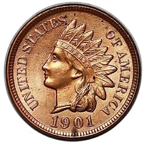 1901年インディアンヘッドセントペニー、4つのダイヤモンドすべて非常に赤く光沢のあるBU+++ #31