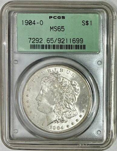 1904-O モルガン銀貨、PCGS MS-65、旧グリーンラベルホルダー