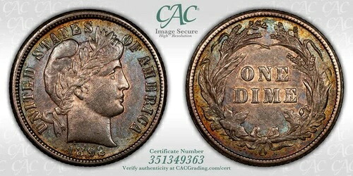1892-O バーバー ダイム CACG AU-55 CAC - 非常にカラフルな一枚!