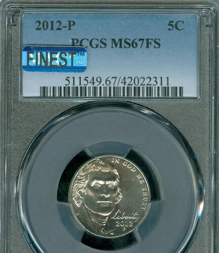 2012 P ジェファーソン ニッケル PCGS MS67 FS MAC スポットレス レア。