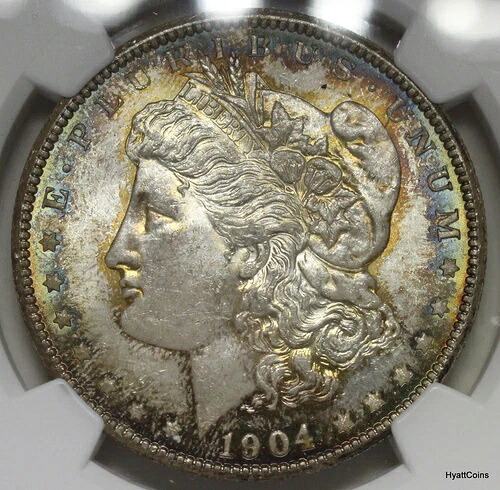 1904-O モルガン銀貨 $1 NGC MS64 レインボートーン 鮮やかな色調
