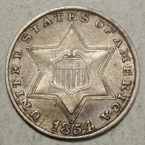 1854年製 3セント銀貨、ほぼ未使用、再刻印あり 日付? 1215-05