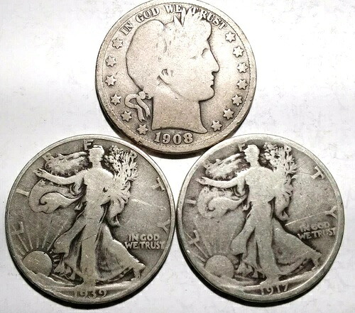 3 シルバー 1/2 ドル 1908-O バーバ 1917年 1939年-D リバティウォーキング シルバー90%-