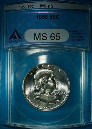 1958年 フランクリン ハーフダラー シルバー ブリリアント UNC ANACS、MS65、タイプ2、RDV-002
