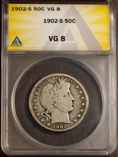 1902-S 50セント シルバー バーバー ハーフドル VG 8 新品 ANACS # 7472010 + ボーナス|WORLD RESOURCE【QUEEN店】