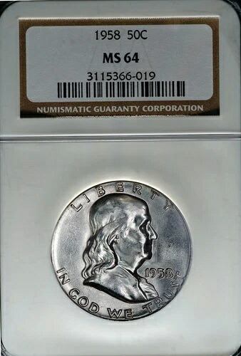 1958年 フランクリン ハーフダラー シルバー、UNC、NGC MS64 タイプ2、ホワイト、ローポップ 366-019
