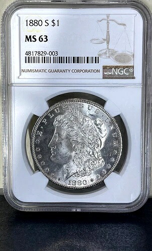 1880年-S モーガンシルバードル PCGS MS63プルーフライクディテール!-