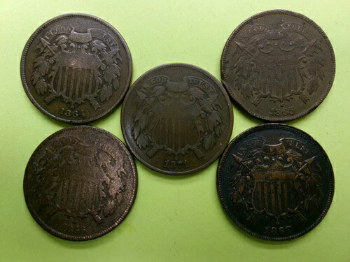 2セント硬貨5枚セット。1864~1867年および1871年製。USSC02TC|WORLD RESOURCE【QUEEN店】