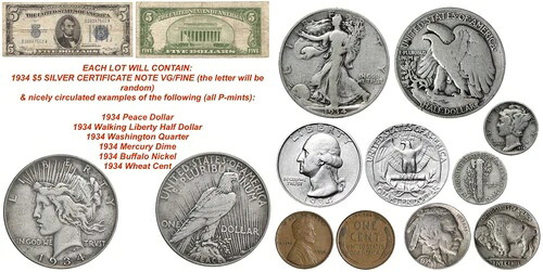 1934年日付セットコイン＆紙幣7ピーススロット-ニートスターターコレクション！ シルバー！-