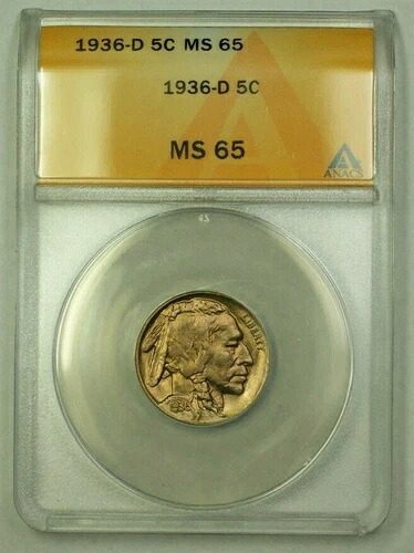 1936-D バッファローニッケル 5セント ANACS MS-65 (A) (WW)