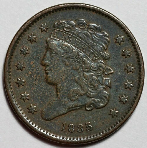 1835年 クラシックヘッド ハーフセント - 回転ダイ - 米国 1/2セント銅貨