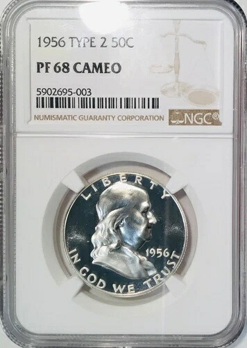 1956 50c シルバー フランクリン NGC PF68CAM タイプ2 カメオ プルーフ 1/2 ドル-