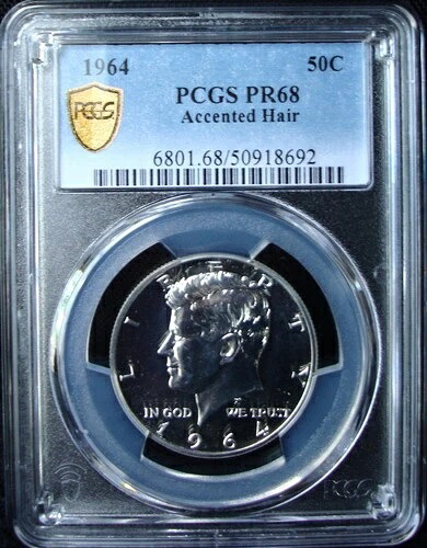 1964年プルーフ ケネディ銀貨ハーフドル - PCGS PR68 アクセントヘア - ゴールドシールド