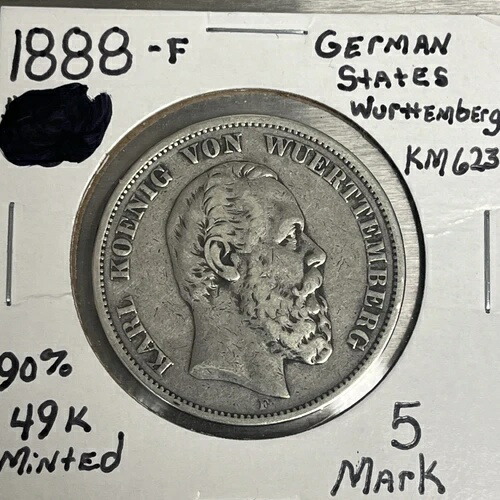 1888 F ドイツ 5 マーク .900 シルバー ヴュルテンベルク KM#623 希少 キー デート 49k 鋳造!