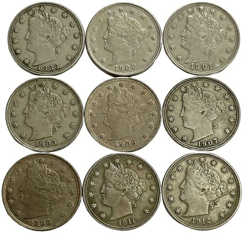 （9）1883-1912年 アメリカ合衆国 リバティVニッケル 異なる日付ロット 非常に良好