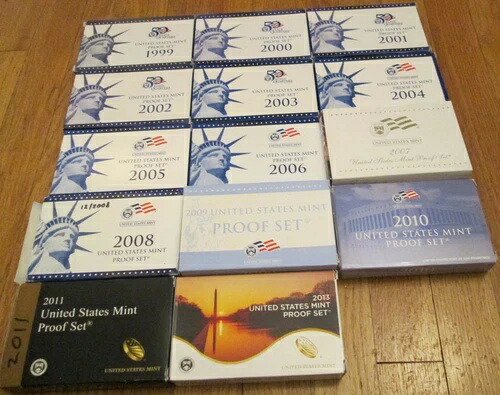 1999年から2011年および2013年プルーフセット米国造幣局14プルーフセットクォータードルCOA