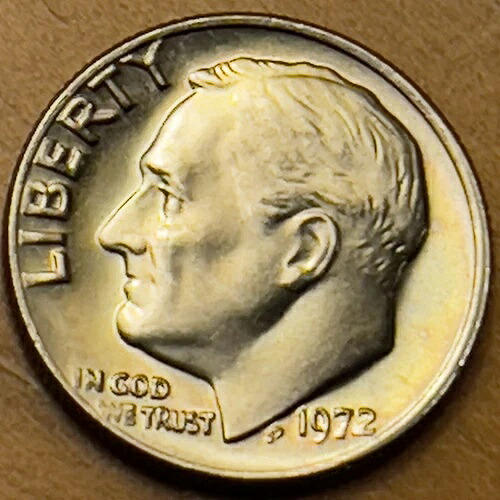 1972年 P・ルーズベルト・ダイム 10セント。美しいリムトーニング。フルトーチ。まさに美品！ 150,700円