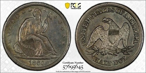 1864-S 着席リバティハーフドル PCGS AU 詳細クリーニング済み トーン付き 希少キーデート 151,250円