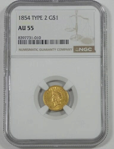 1854年製インディアン・プリンセス・ヘッド Ty-2 ゴールド 1ドル NGC AU 55認定
