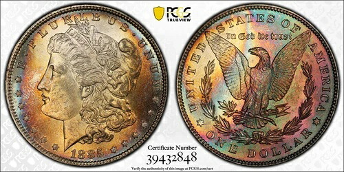 1885年 P トーン モーガン $ PCGS MS 64????モンスター PQ ネオンレインボー トーニング???? ビデオ